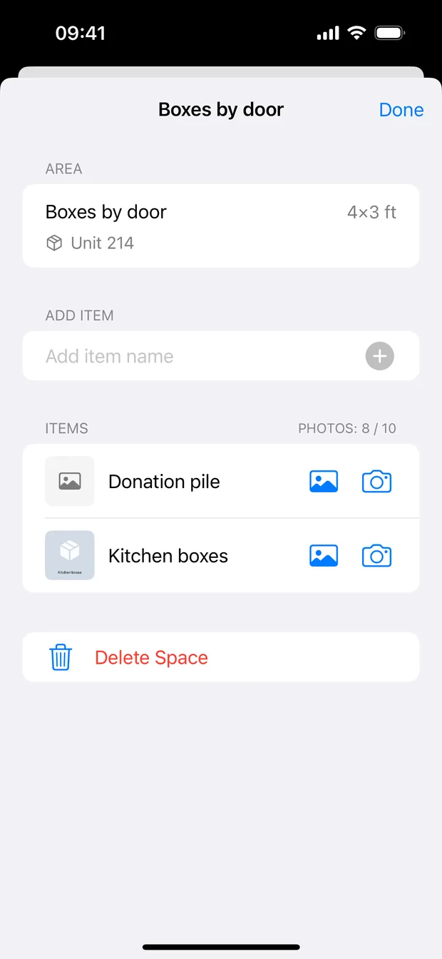 The Boxes by door area open, showing its size in feet, its parent unit, and two items with photo thumbnails.